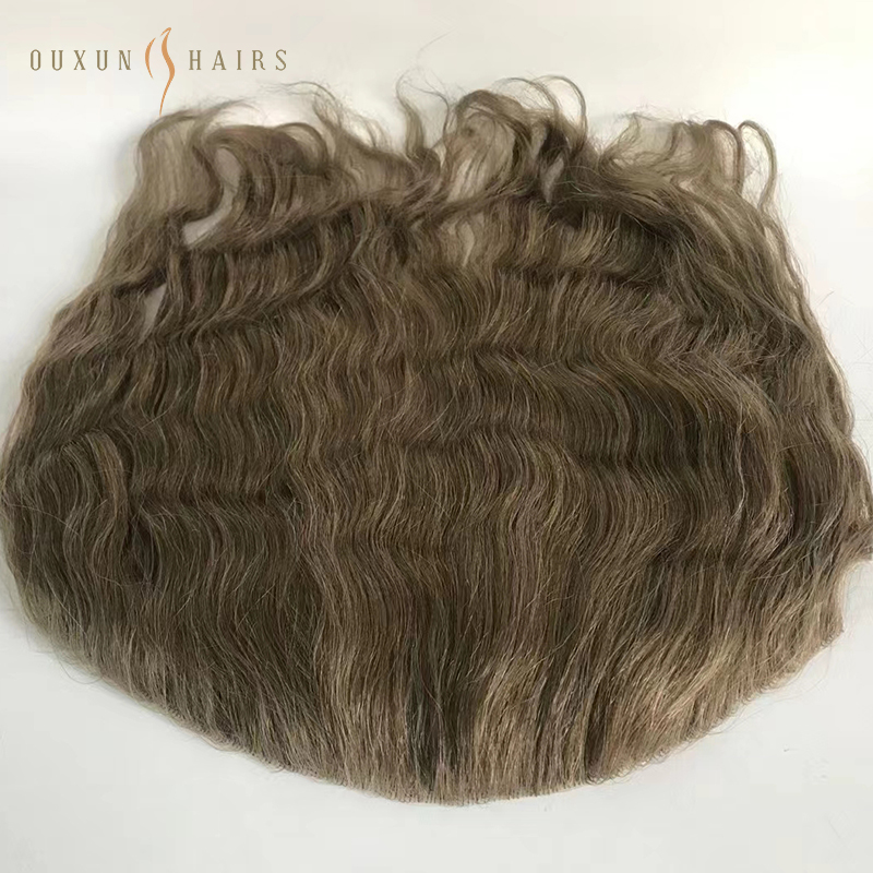 OXTS01 4*10inch Base Hand Knotted Skin Poly Base Frontal Hairpieces Ash Brown Curly Wave Virgin Human Hair for Receded Hairline Wholesale Women-Hair Piece Manufacturers