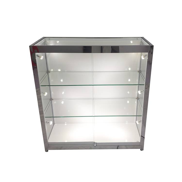 Retail display case locks with White laminate panel,Polished stainless steel framed glass cabinet    OYE