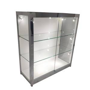 Retail display case locks with White laminate panel,Polished stainless steel framed glass cabinet  |  OYE
