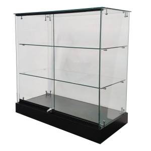 Obchodný pult so sklenenou vitrínou s 2 nastaviteľnými policami, uzamykateľné posuvné dvere |OYE