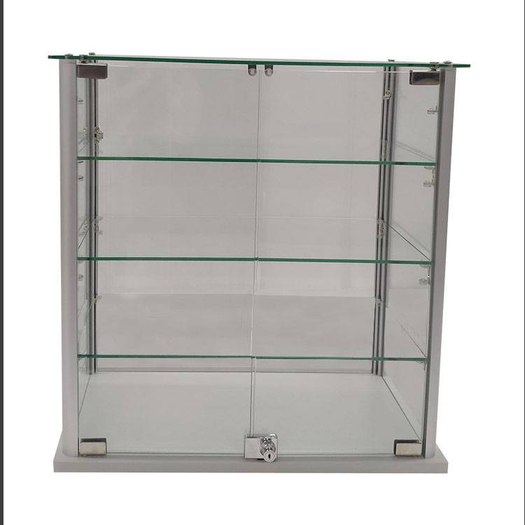Table top glass jewelry display cases with MDF grey melamine   |  OYE Featured Image