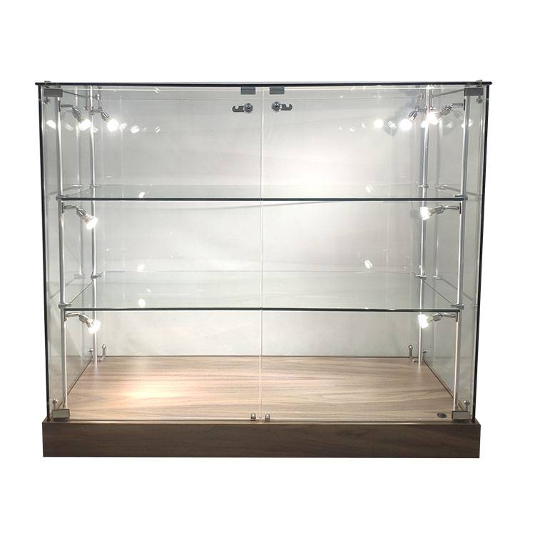 Wood and glass jewelry display cases with Walnut  veneer with 4 Side Lights  |  OYE Featured Image