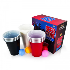Комплет за пиво понг 8 топки за пинг понг Сет од 24 пластични чаши 16 oz Црвени чаши за забава Кутија во боја