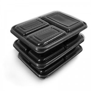 Recipientes de plástico rectangulares de tres compartimentos para alimentos, base negra/tapa transparente