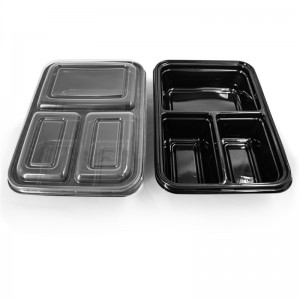 حاويات طعام بلاستيكية مستطيلة بثلاث حجرات - قاعدة سوداء / غطاء شفاف