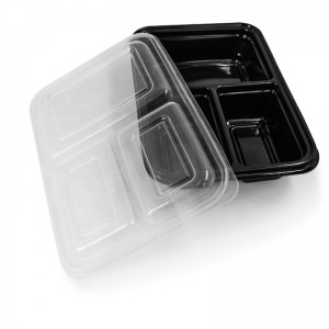 Tříkomorové obdélníkové plastové dózy na potraviny – černá základna/průhledné víko