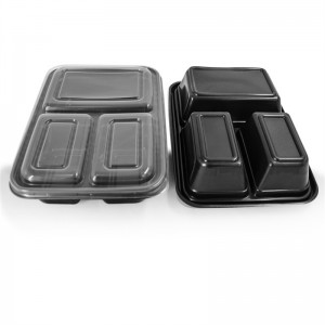 Recipientes de plástico rectangulares de tres compartimentos para alimentos, base negra/tapa transparente