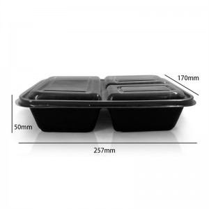 Kolme kambriga ristkülikukujulised plastikust toidukonteinerid – must põhi/läbipaistev kaas