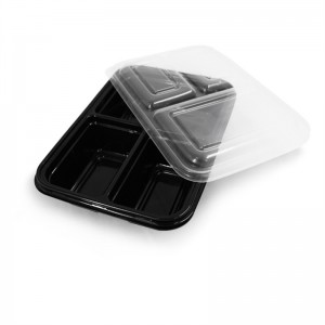 3칸 직사각형 플라스틱 식품 용기 - 검정색 베이스/투명 뚜껑