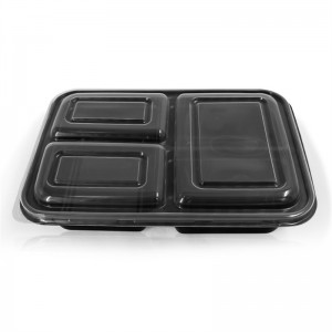 Contenedores de alimentos de plástico rectangulares de tres compartimentos: base negra/tapa transparente