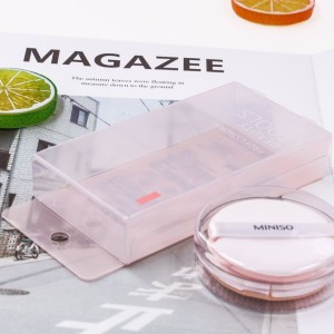 Eina de maquillatge de maquillatge de plàstic transparent personalitzada, batedora d'esponja de bellesa, caixa plegable amb penjador