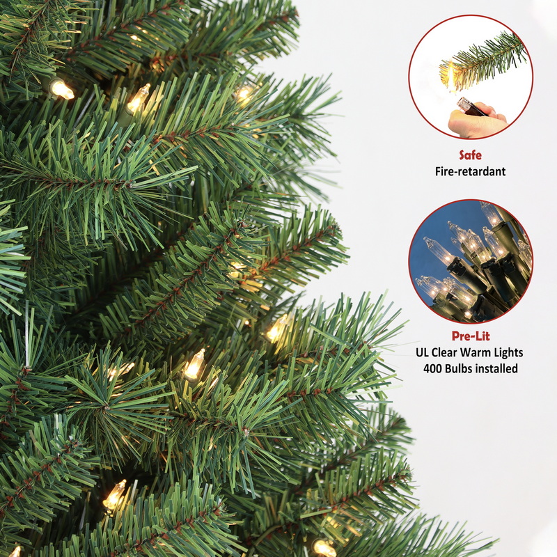 PINEFIELDS Prelit クリスマスツリー 7フィート ライト付き人工クリスマスツリー ライト付きクリスマスツリー 400 ULクリアライト PVCミックスチップ ヒンジ メタルベース