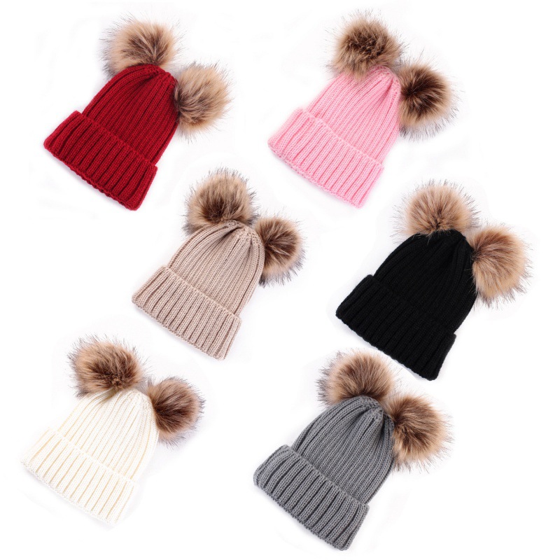 Womens Winter Hat Knit  Beanie Double Faux Fur Pom Pom Ears