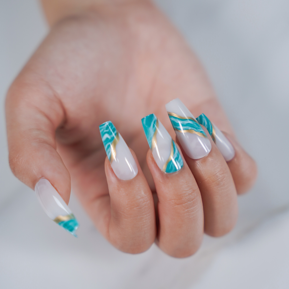 # LF-JP2293 Private Label Press on Nails Long Coffin, White Press on Nails, Blue Marble Fake Nails with Gold Swirl Designs, Glossy Full Cover Glue on Nails, Artificial Acrylic Stick on Nails, French Tip False Nails for Women and Girls