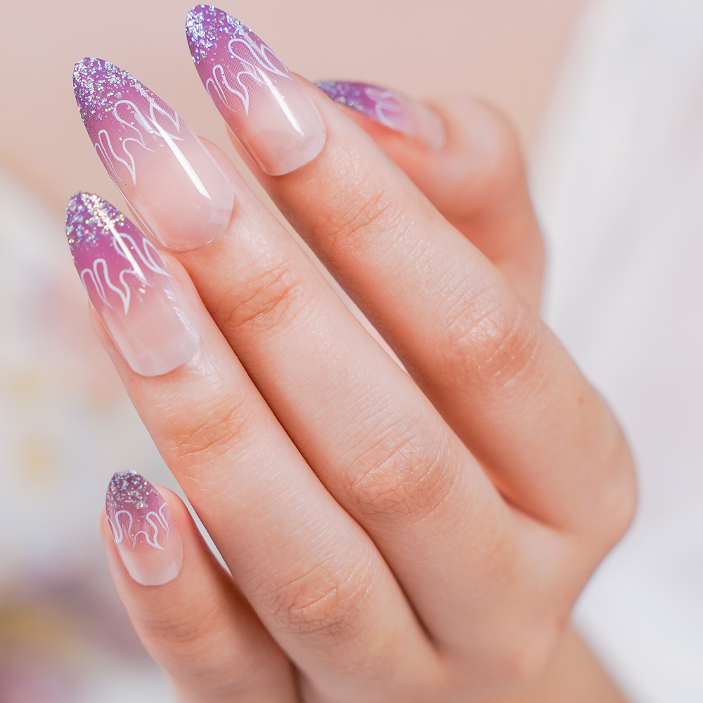 # QX-W335 Private Label Press on Nails Medium Almond, Purple Ombre Press on Nails, French Tip Fake Nails with Glitter, Glossy Full Cover Glue on Nails, Artificial Acrylic Stick on Nails, Swirl False Nails for Women and Girls