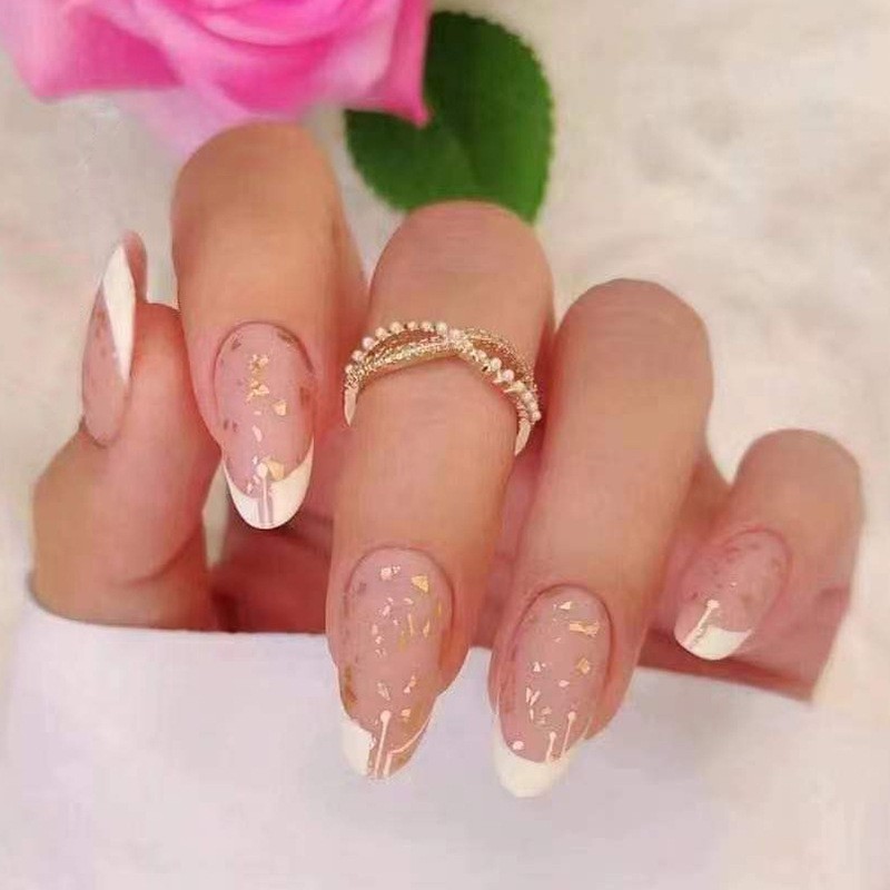 #W291 French Tip Press on Nails Short Almond,  Sheer Finish Fake Nail with Design, Pointed Almond Shape Nude False Nails, Transparent Reusable Stick Glue on Nails Kit for Women