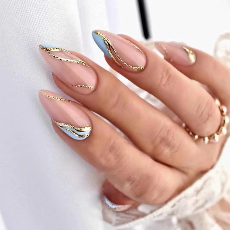 #W294 Press on Nails Medium Almond Light Pastel, Fake Nail with Design, Pointed Almond Shape False Nails, Reusable Stick Glue on Nails Kit for Women
