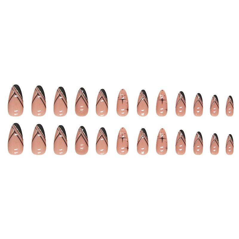 #W296 Press on Nails Medium Almond, Fake Nail with Black & Gold Color, Almond Shape False Nails, Nude Reusable Stick Glue on Nails Kit for Women