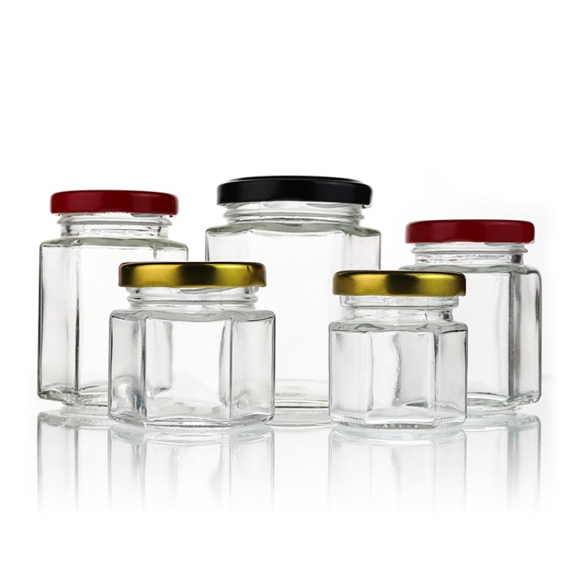 Wholesale Hexagon Glass Honey Jar With Metal Lids Wood Lid