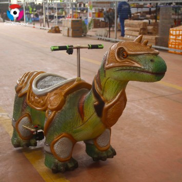 Children park props cute electric dinosaur scooter ride in coin operated