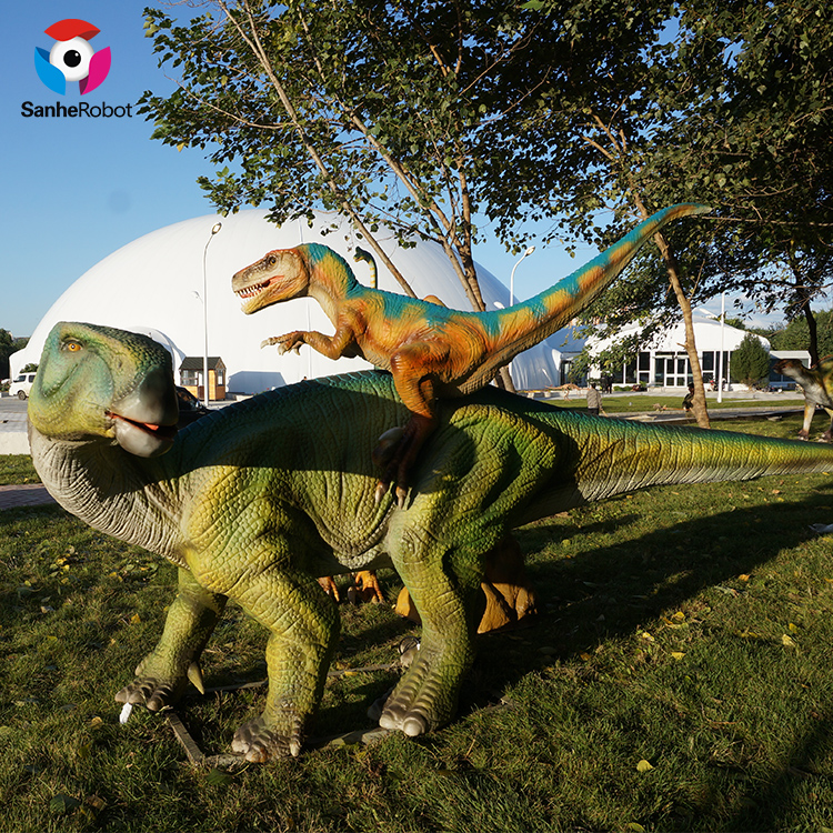 life-sized animatronic dinosaur deinonychus attacks iguanodon model Featured Image
