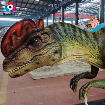 Realistic animatronic dinosaur mechanical dinasour model Dilophosaurus eating meat for outdoor dinasour park decoration