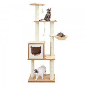 Shangrun modernus kačių medžio bokštas kambarinėms katėms – 65 colių aukščio medinis butas su hamaku