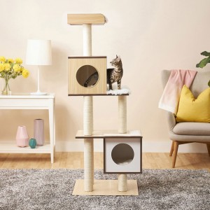 Shangrun Wooden Cat Tree Modern Cat Furniture Cat Condo ជាមួយនឹងផ្ទះ