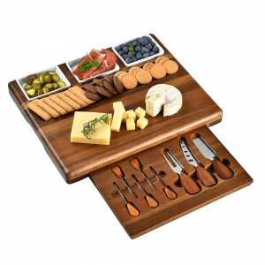 Shangrun Acacia Wood Charcuterie Board Set With 3 Removable Ceramic Bowls And Serving Utensils