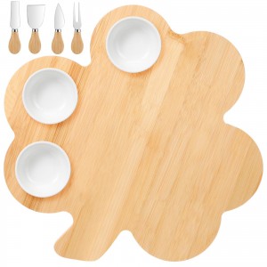 Shangrun Clover Shaped Bamboo Cutting Board Serving Tray With 3 Dip Bowls And 4 Charcuterie Knives
