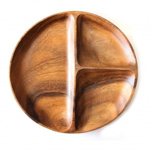 I-Shangrun Acacia Premium Wooden 3-Compartment Ihlukaniswe I-Round Wood Plate