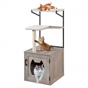 Shangrun Wooden Cat Litter Box Enclose With Cat Tree & Hammock