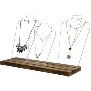 Shangrun 3 Panel Modern Clear Acrylic Multi Necklace Holder Bust With Rustic Burnt Solid Wood Base