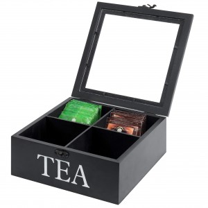 Shangrun Wooden Tea Chest Box With 4 Compartments For Tea Bags, Coffee, Sugar, Snacks