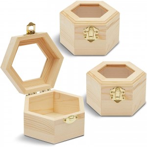Shangrun Unfinished Hexagon Wood Jewelry Box With Window And French Buckle