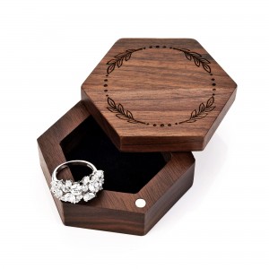 Shangrun Vintage Wood Ring Box Sort Valnød Hexagon Vielsesring Box til bryllupsforlovelsesforslag gave