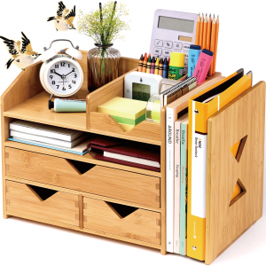 Shangrun Bamboo Desk Organizer With Adjustable File & Book Holder