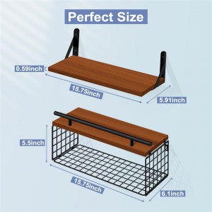Shangrun Wooden Floating Shelves With Wire Storage Basket