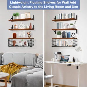 Shangrun Wooden Floating Shelves With Wire Storage Basket