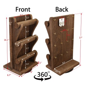 Shangrun Two-Sided Rotating Wooden Jewelry Display Stand With 3 Removable Holders And 16 Hooks