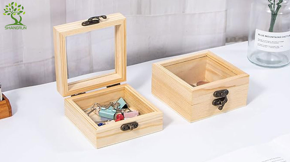 Unfinished Wood Gift Box with Glass Lid, Small Wooden Jewelry Box for DIY and Home Decorations