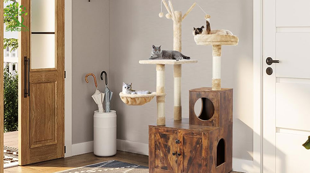 Wooden Cat House yokhala ndi Cat Tree Tower