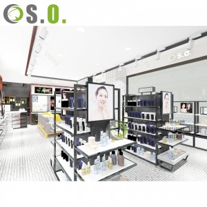 Fashion concept cosmetic shelves cosmetic display rack with cabinet for shop customize logo size