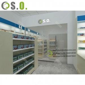 Prateleira de drogaria Estantes de farmácia Balcão de loja médica Design de interiores de farmácia Móveis modernos para loja médica