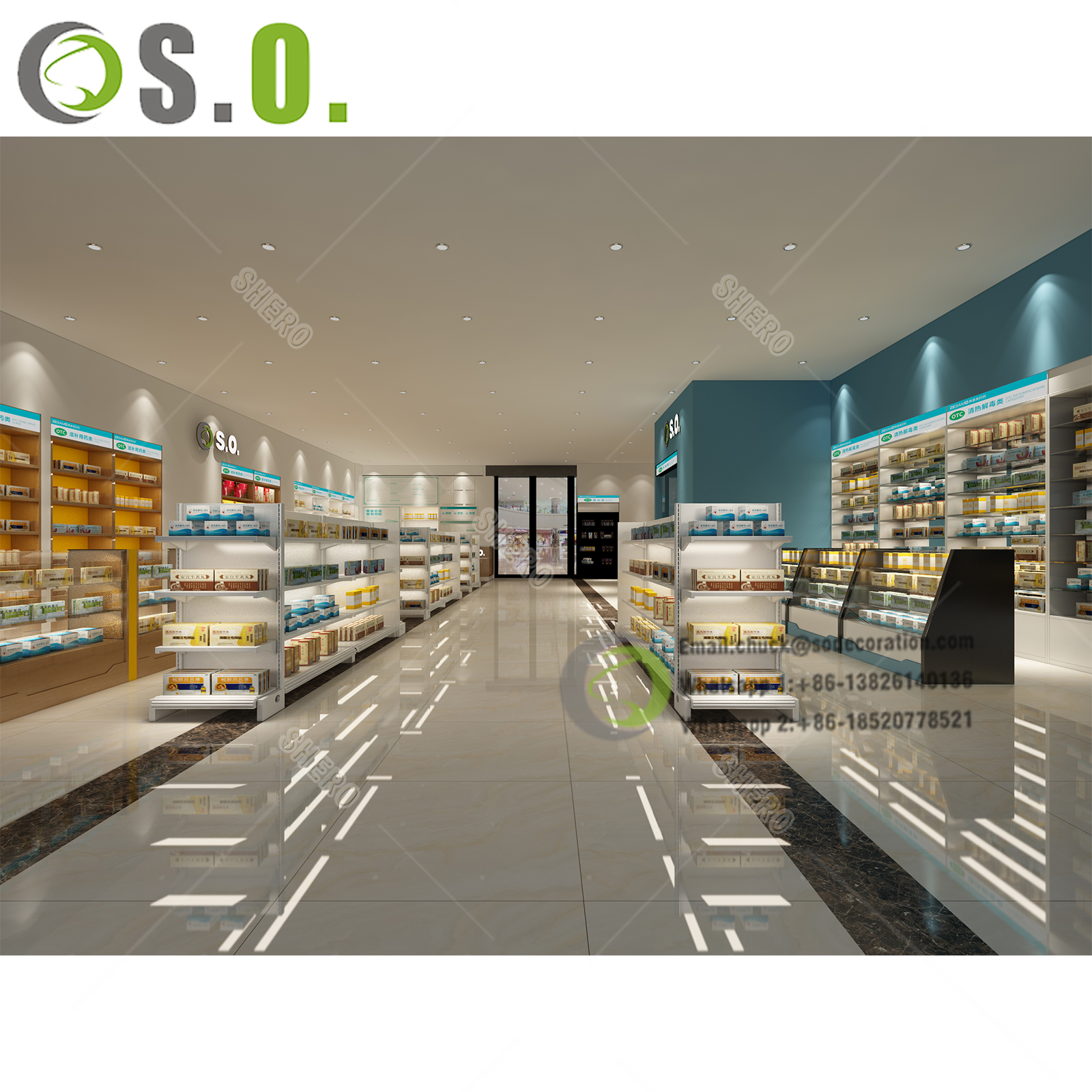 SHERO detaljhandel medisinsk butikk interiørdesign kryssfiner apotek utstillingsmøbler