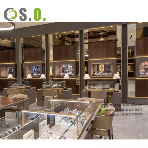 Customized  Gold Glass Jewelry Showcases Luxury Gondola Watch Display Showcase Modern Display Cabinet Showcase