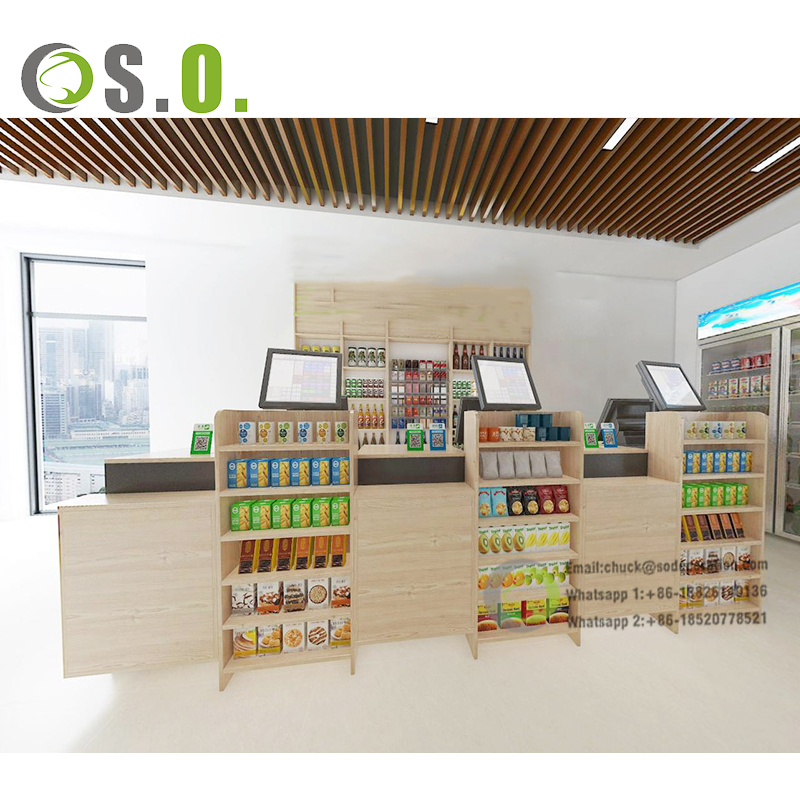 Custom na Modernong Tindahan ng Dekorasyon ng Supermarket Shelf Wood Display Racks Shelves Para sa Tindahan
