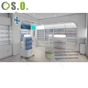 Exhibición da tenda Estantes de farmacia Equipos Gabinete médico con caixóns Material de farmacia Deseño Maquetación deseño pharmacie