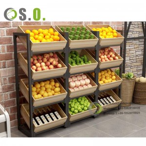 Supermarket Wooden Display Rack Metallic Stand Fruits and Vegetables Display