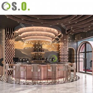 Dekorasi Restoran Mewah Interior Kursi Kayu lan Meja Komersial Furnitur Kopi Desain Interior Toko Kafe Lemari Display Kaca